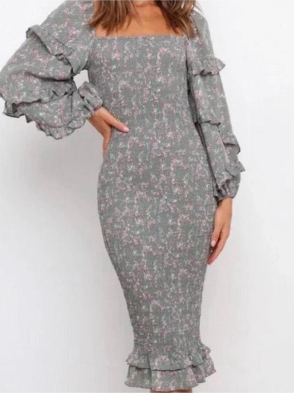 Petal & Pup Bonita Shirred Frill Long Sleeve Bodycon Midi Dress